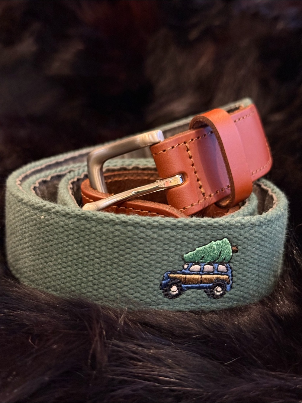 Vineyard Vines Green Canvas Belt with Brown Leather Trim